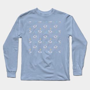 Kawaii Cute Raining Rainbow Clouds Pattern in Blue Long Sleeve T-Shirt